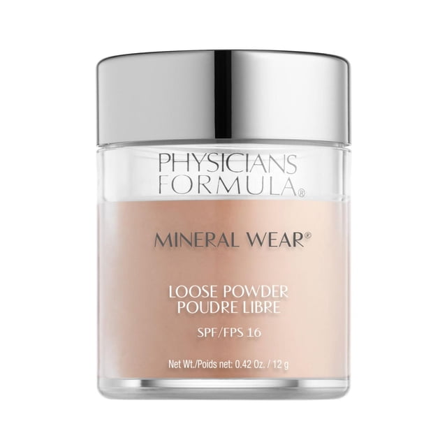 Mineral Wear Loose Powder SPF 16 by Physicians Formula in a clear jar with a silver lid, containing beige loose mineral powder for face makeup, offering lightweight, talc-free, paraben-free coverage with a soft satin finish and SPF 16 protection, suitable for setting makeup and reducing shine.