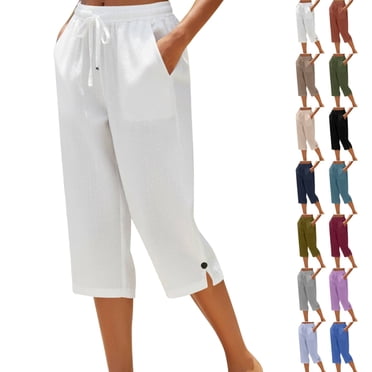 Petite Capris for Women with Pockets Linen Lightweight Dressy Casual Wide Straight Leg Elastic Waist Cropped Pant Summer Pull on Ladies Palazzo Capri Pants White S