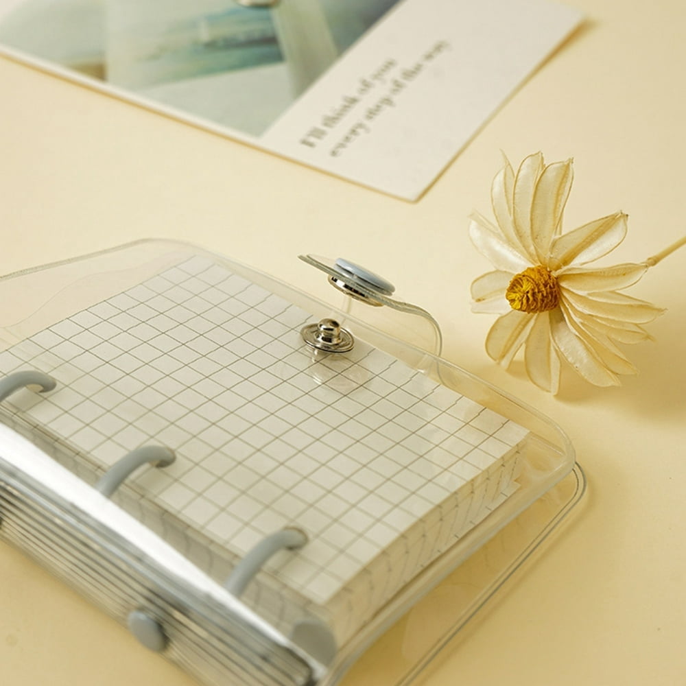 HLONK Mini Transparent 3Ring Binder Covers With Grid Inner Page And Binder Pockets Mini Loose Leaf Notebook Binder Clear PVC Binder Cover With Snap Button