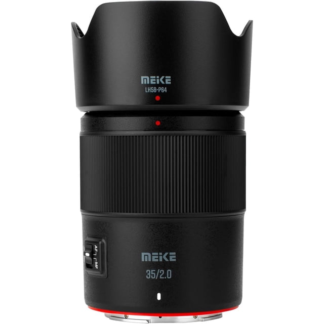 Meike 35mm F2.0 Full Frame AF STM Lens Wide Angle Auto Focus Fixed Prime Portrait Lens compatible with Sony E Mount Mirrorless Cameras, featuring a black cylindrical design with a textured focus ring, AF/MF switch, and lens hood. Designed for full-frame and APS-C Sony cameras, it offers a wide aperture of f/2.0 for smooth background blur and low-light performance. The lens incorporates 11 elements in 9 groups, including extra-low dispersion and high refractive index elements, to minimize chromatic aberration and flaring.