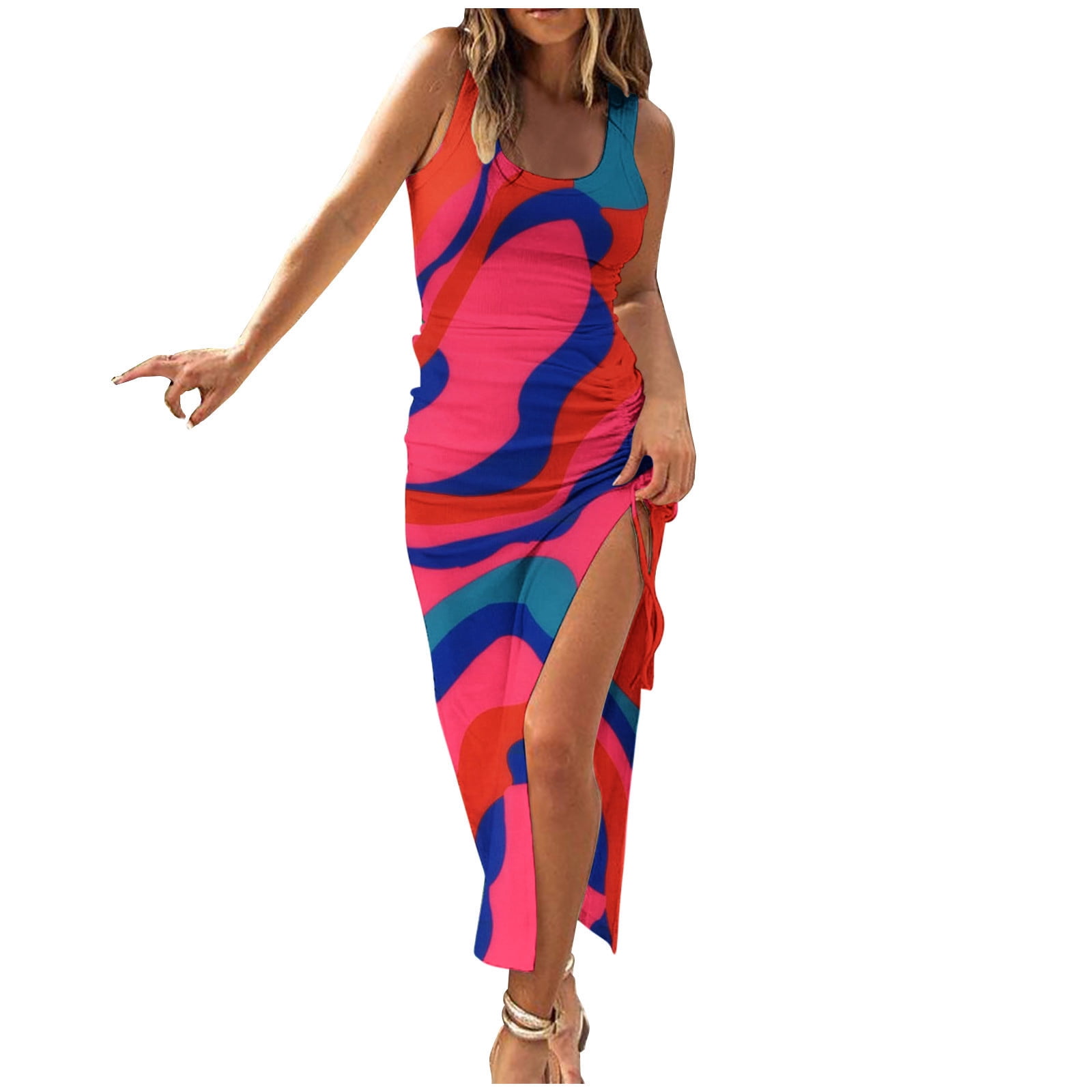 Womens Sleeveless Tight Maxi Dress Side Slit Drawstring Ruched Slim Fit Tank Dress U Neck Summer Club Beach Sun Dresses