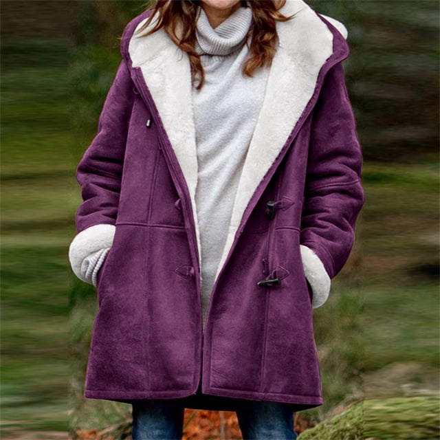XZNGL Women Winter Plus Size Solid Plus Velvet Coat Long Sleeve Horn Buckle Pocket Overcoat Tops