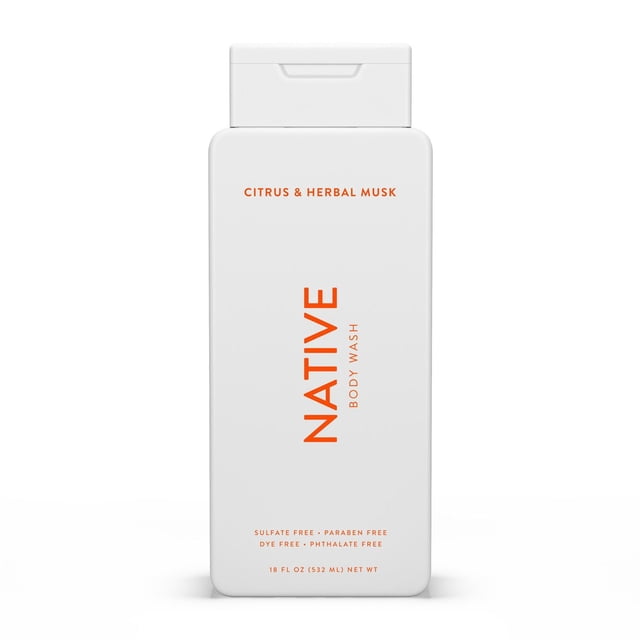 Native Natural Body Wash, Citrus & Herbal Musk scent, in a white rectangular 18 fl oz (532 ml) bottle with orange text, sulfate-free, paraben-free, dye-free, and phthalate-free formula that creates a rich lather and leaves skin hydrated and clean.