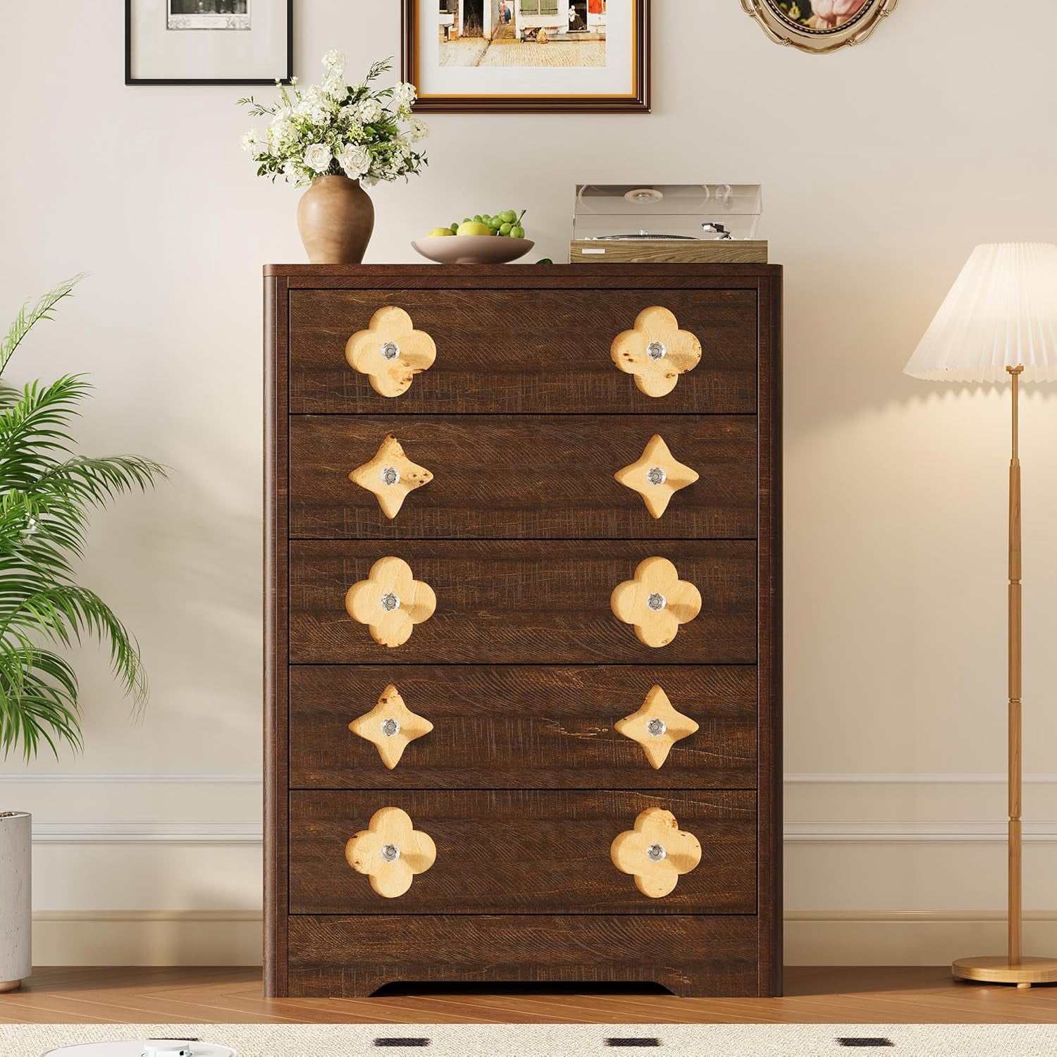 Dresser for Bedroom with 5 Drawers, 45'' Tall Chest of Large Decorative Drawer Front with Large Clothes Storage Cabinet, Wood Bedroom Dresser, TV Stand for Nursery, Living Room, Enterway