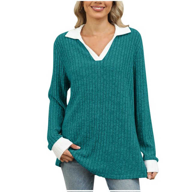 AherBiu Womens Tops Ribbed Knitted Long Sleeve Trendy Loose Tops Comfy Fall Collared Shirts Blouses