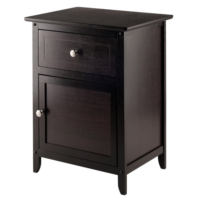 Night Stand Accent Table with Drawer in espresso finish featuring a rectangular silhouette, one pull-out drawer and a bottom cabinet door with satin nickel knobs, constructed from solid and composite wood for bedroom storage.