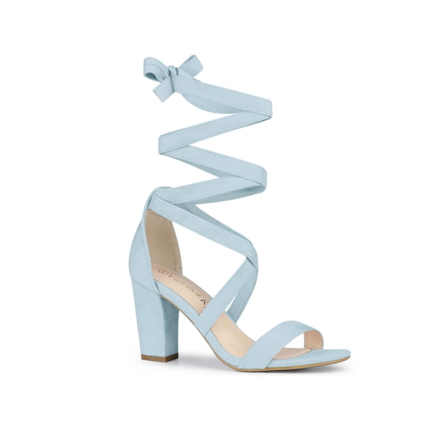 BLISSFUL STEP Inspired Women's Sandals Solid Color Mid Block Heels Lace up Sandals Sky Blue 7