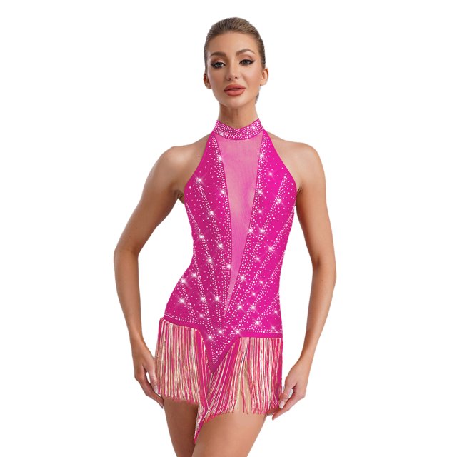 RUNQHUI Robe de Danse de Salon Sans Manches à Franges Brillantes Salsa Tango Col en V L