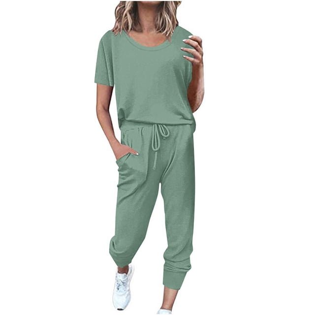 Yuyuzo Womens Workout Sets 2 Piece Short Sleeve Crew Neck T-Shirts Drawstring Jogger Pants with Pockets