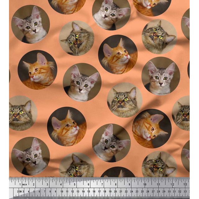 Soimoi Silk Fabric Cat Face Animal Fabric Prints by Yard 42 Inch Wide