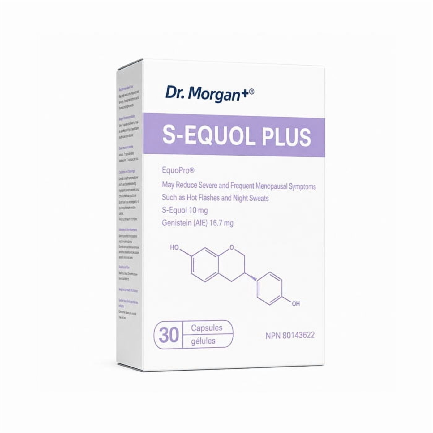 Dr. Morgan Menopause Support supplement for Women, Estrogen-Free S-Equol & Genistein Formula for Hot Flashes, Night Sweats, Hormone Balance & Bone Support, Vegan, Made in Canada