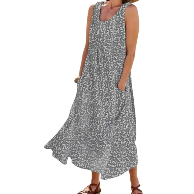 MAWCLOS Robes Évasées pour Femmes Col Rond Été Plage Robe d'Été Sans Manches Longue Robe Maxi Hawaïenne Vacances Imprimé Floral Gris 2TG