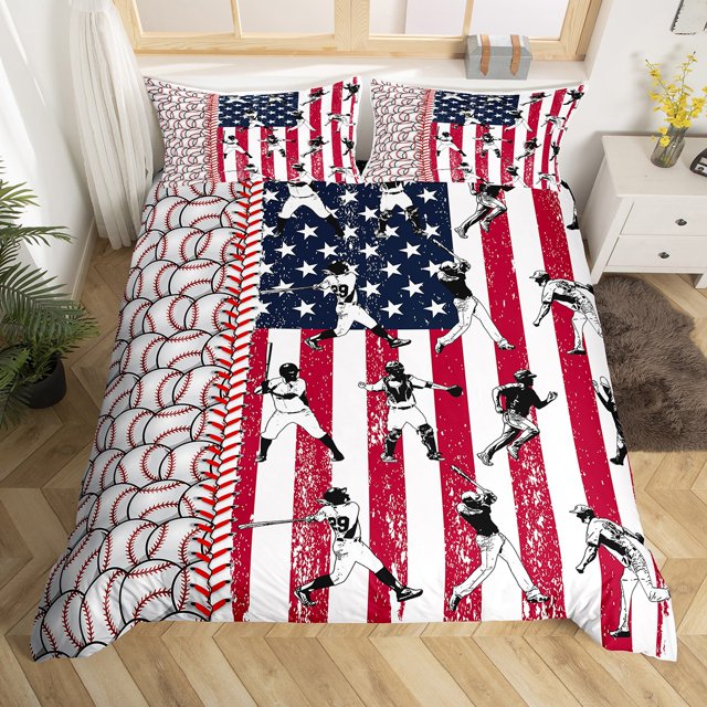 Housse de Couette Rouge Blanc Étoiles et Rayures Grand Lit, Ensemble de Literie Bâton de Baseball Garçons Européen Sport Joueur Terrain Housse de Couette, Ballon de Softball Jeux Compétitifs Travail d'Équipe Déco de Chambre