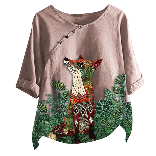 Hauts de Mode pour Femmes Mode Femmes T-Shirt Blouse Ample en Coton et Lin à Imprimé Hauts