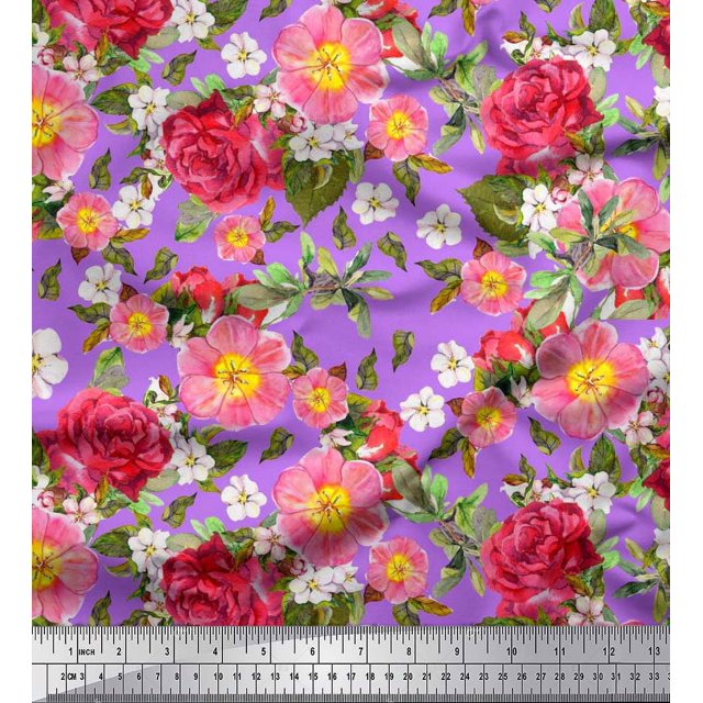 Soimoi Tissu Crêpe polyester Feuilles, Clématites & Roses Imprimés Floraux au Mètre 52 Pouces de Large