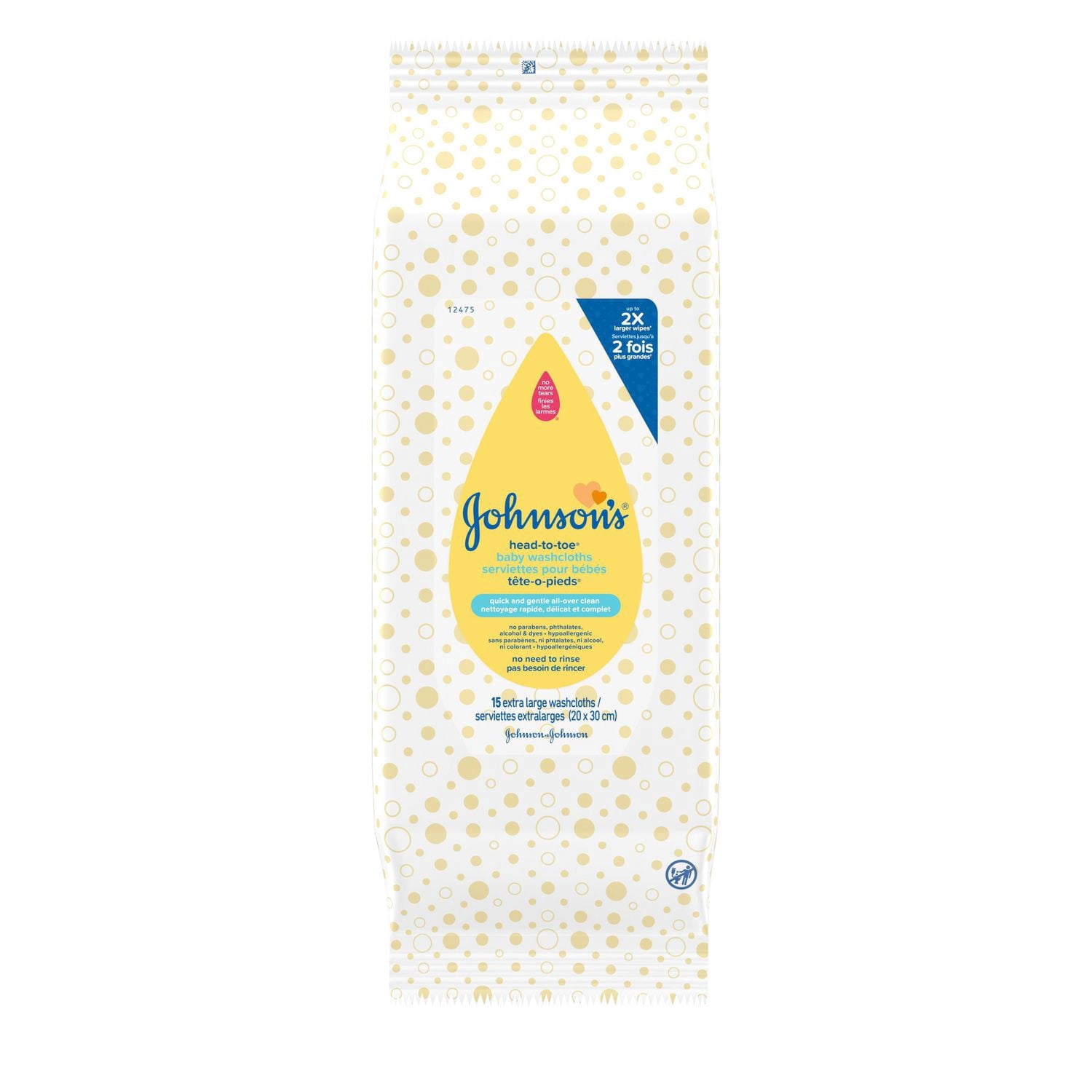 Johnson's Baby Cleansing Wipes, Sensitive Head-to-Toe Cloths, 15 Cloths