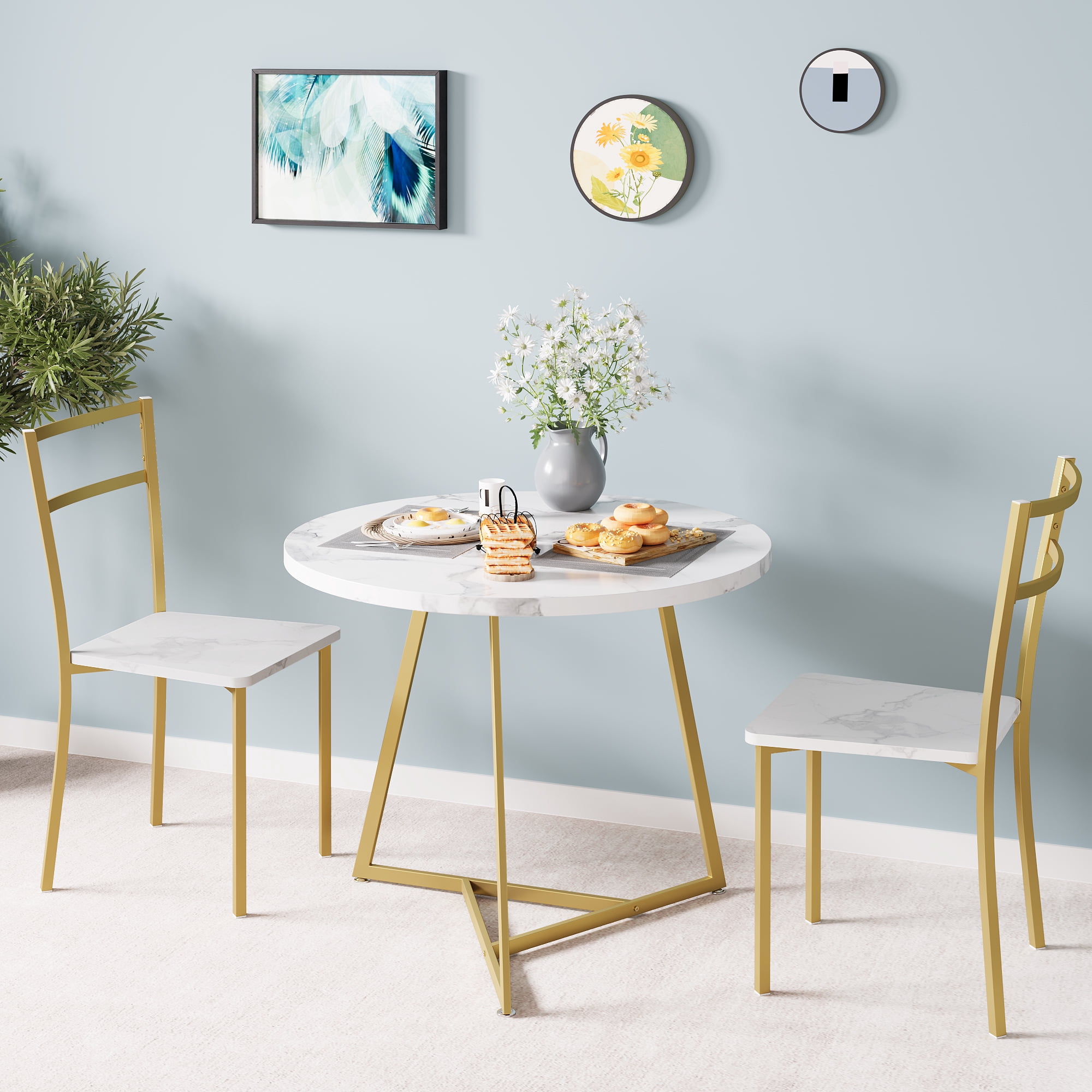 EastVita Dining Table Set for 2, Kitchen Table and Chairs for 2, Modern Round Kitchen Table Set, 3 Piece Dining Room Table Set