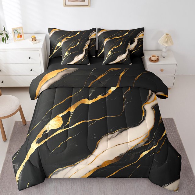 YST Watercolor Bedding Comforter Set, 7-Piece, Black Marble, King