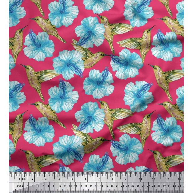 Soimoi Cotton Poplin Fabric Hummingbird & Floral Print Sewing Fabric Yard 56 Inch Wide