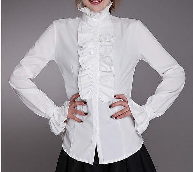 Blouses pour Femmes Printemps Bureau Mode Chemises Col Haut Volants Poignets Tunique Plissée Grande Taille Blanc
