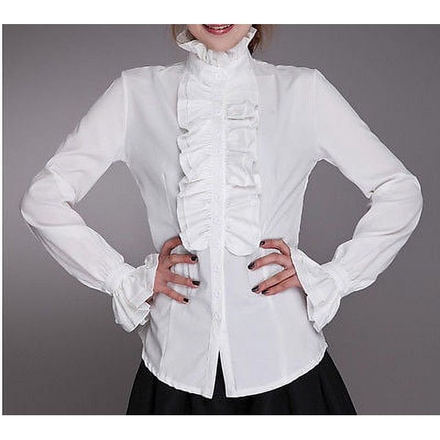 Blouses pour Femmes Chemises de Mode de Bureau de Printemps Col Montant Poignets à Volants Froufrous Tuniques Plissées Hauts Grande Taille Blanc. Cette blouse Blanche Grande Taille Présente un Col Montant à Volants, des Manches Pagode, et un design Ajusté avec Fermeture à Simple Boutonnage. Faite de Coton et de polyester, Elle Offre Confort et Respirabilité. Idéale pour le Bureau, les Affaires Ou les occasions Décontractées.