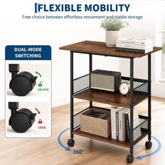 GOGRANT 3-Tier Mobile Utility Cart, Heavy Duty Rolling Storage Stand with Lockable Casters, Industrial Embossed MDF Shelves for Office Printer Stand, Kitchen, Classroom