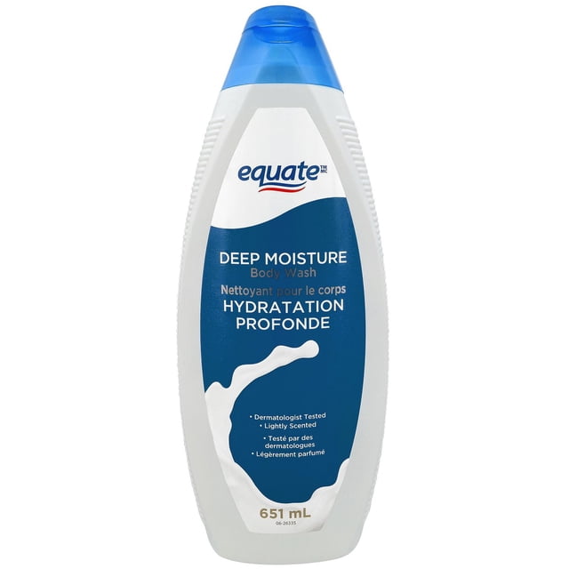 Equate Deep Moisturizing Body Wash 651 mL in a white plastic bottle with a blue flip-top cap and label highlighting deep moisture, dermatologist tested, and lightly scented formula for gentle cleansing and hydration of all skin types.