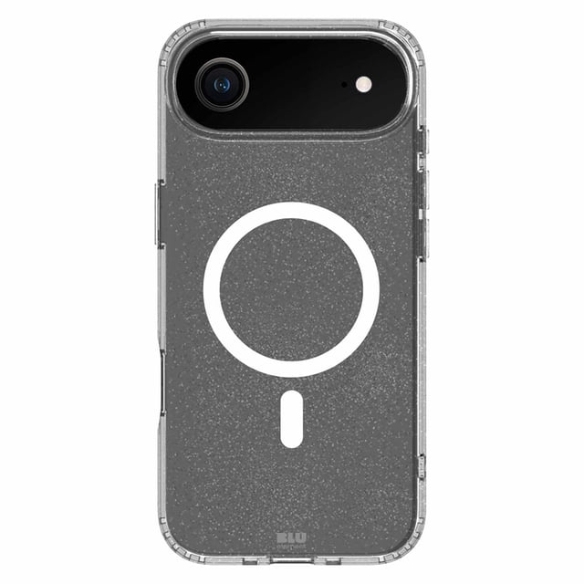 Blu Element DropZone Rugged MagSafe Case Clear Glitter for iPhone Air shown from the back with a transparent glitter finish, white MagSafe alignment circle, reinforced shock-absorbing corners, raised edges for camera and screen protection, and slim design allowing full port access, suitable for durable iPhone protection.
