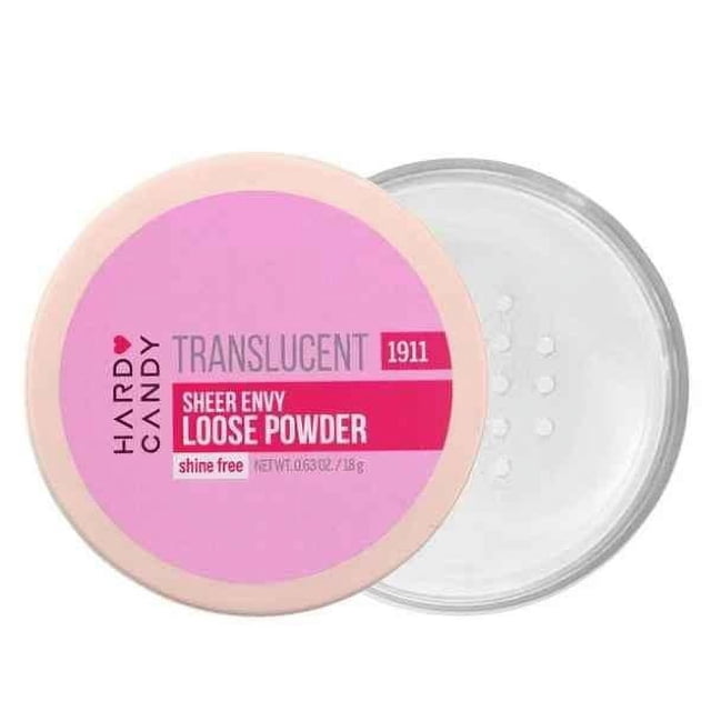 Hard Candy Sheer Envy Loose Setting Powder translucent 18 g container with clear base and pink lid labeled for shine-free, lightweight makeup setting, suitable for all skin tones to achieve a matte finish and long-lasting wear.