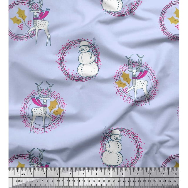 Soimoi Silk Fabric Wreath,Snowman,Reindeer Animal Decor Fabric Printed Yard 42 Inch Wide