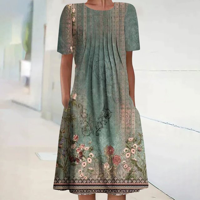 Robe Maxi Grande Taille pour Femme Été Bohème à Imprimé à Manches Courtes Robe de Plage Robe Longueur Genou Robe à Manches Courtes en Liquidation