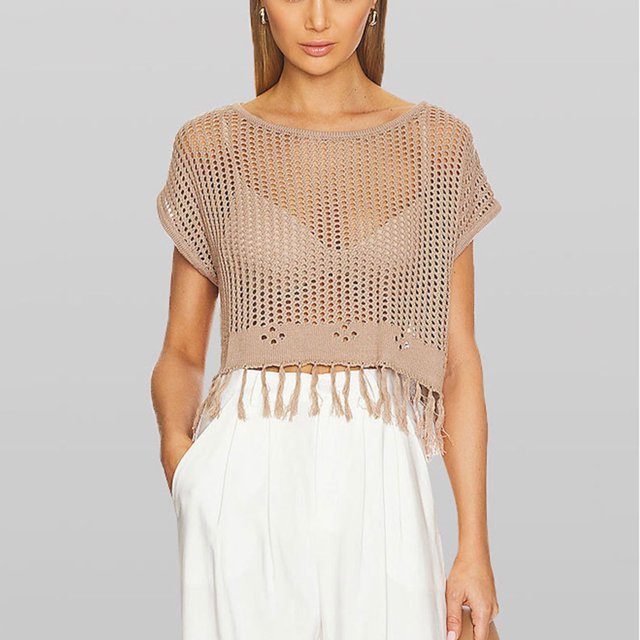 Prix Réduit, Blouse Décontractée à Franges pour Femme à Manches Courtes, Coupe Ample, Col Rond, Tunique à Découpes pour l'Été, Confortable et Soutenante/acrylique, Kaki, Sopatenor