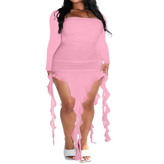 Femmes Robe Longue Manches Longues Cou Carré Fente Robe Irrégulière Robe de Cocktail Robe