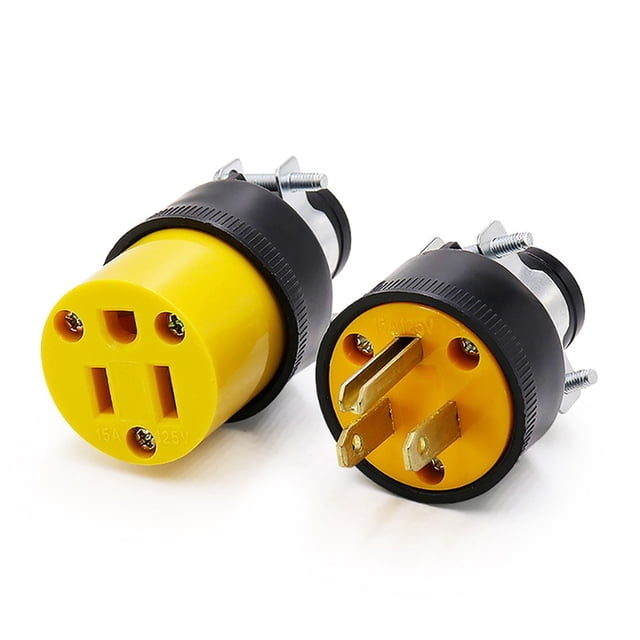 Lefu 1 Male & 1 Female Replacement Electrical Plug Ends, designed for electrical accessories like power tools, appliances, and extension cords. Features durable yellow and black heavy-duty rubber covers with galvanized steel clips, a 3-prong design with positive, negative, and ground posts, rated for 125VAC/15A.