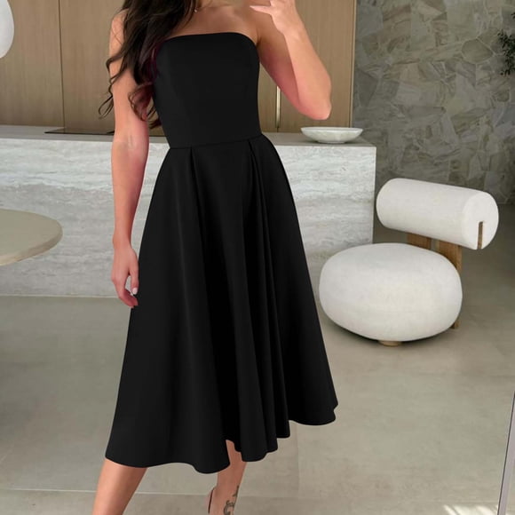 Weiqiqre Casual Dresses for Women Spaghetti Strap Bustier Midi Dress Low Cut Flowy Pleated Hem Formal Dresses with Pockets