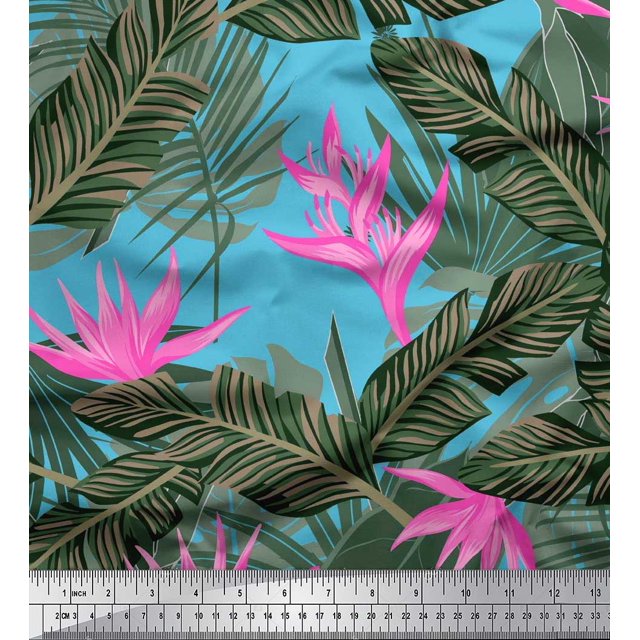 Soimoi polyester Crepe Fabric Floral & Leaves Tropical Decor Fabric Printed Yard 42 Inch Wide