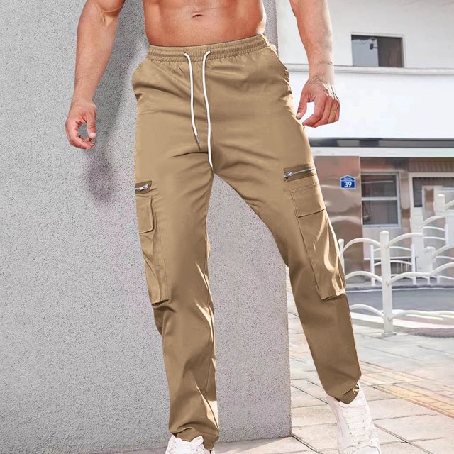 AherBiu Cargo Pants For Men Drawstring Elastic Waisted Straight Leg Swaetpants With Multi Pockets Casual Athletic Workout Trousers
