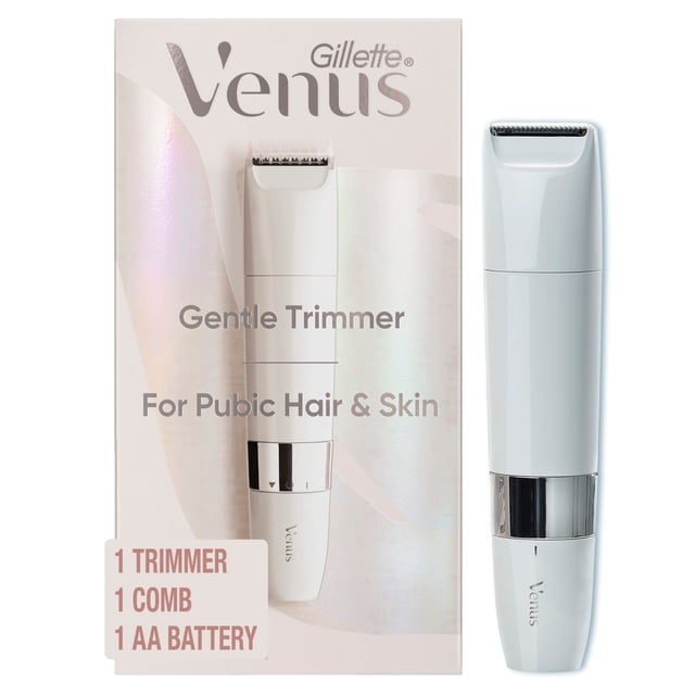 Gillette Venus for Pubic Hair & Skin Gentle Trimmer with packaging, featuring a white handheld trimmer with a silver band and protective trimming head, designed for gentle hair removal and skin care in sensitive areas, suitable for thick hair and wet or dry use.