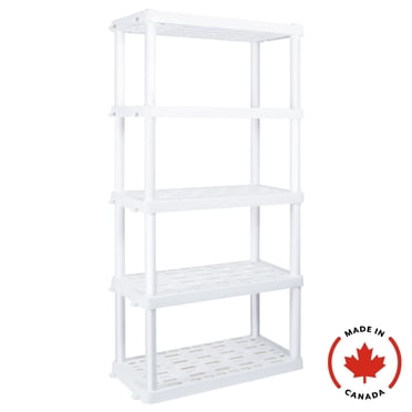 Étagère en plastique ultra-résistante fabriquée au Canada, 5 niveaux, 74 po H x 18 po P x 36 po L, blanche, capacité totale de 750 lb