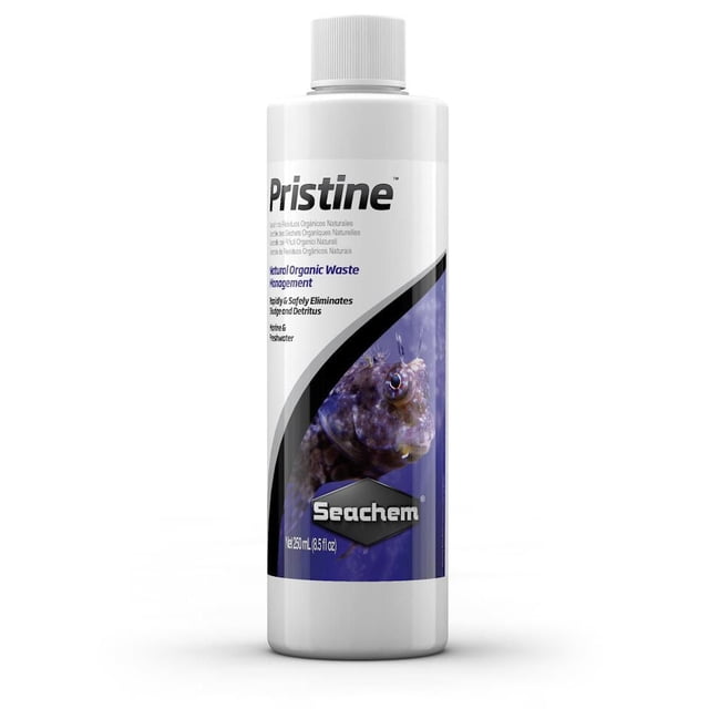 Seachem Pristine Water Treatment 250ml bottle with white screw cap, designed for natural organic waste management in freshwater and marine aquariums, effectively eliminating sludge and detritus to enhance water clarity and aquatic health.