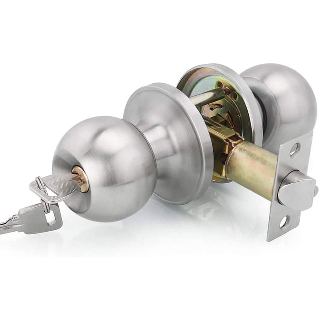 Door Handle, Round Knob Lock Door Lock with a stainless steel finish, featuring a key lock mechanism and a latch size of 60/70mm. The lock includes a copper core, a knob diameter of 53mm, and a rose diameter of 65mm. Suitable for interior doors requiring privacy, it comes with three keys, screws, and wrenches for installation.