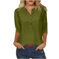 thumbnail image 1 of Polyester Cotton Tops Woman 3/4 Length Sleeve Henley Tee Shirts Button Loose Casual Summer Spring Clothes (Small, Army Green), 1 of 3