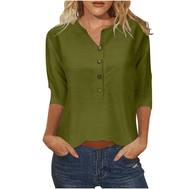 Polyester Cotton Tops Woman 3/4 Length Sleeve Henley Tee Shirts Button Loose Casual Summer Spring Clothes (Small, Army Green)