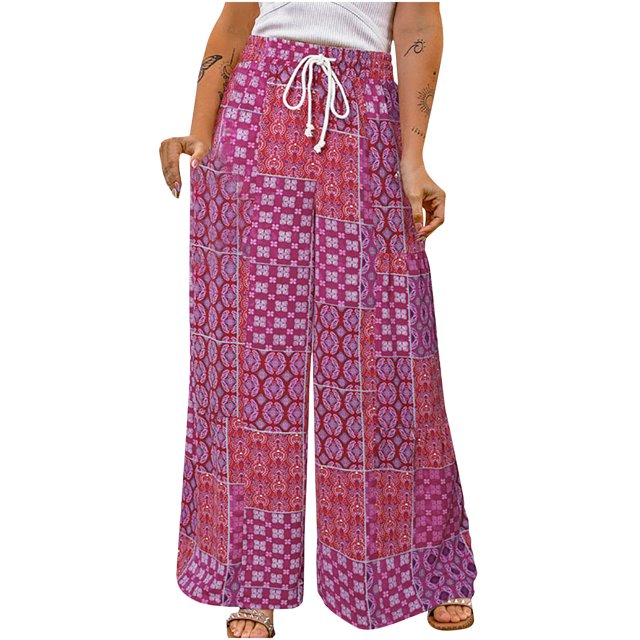 Jsaierl Womens Boho Print Palazzo Pants Elastic High Waist Drawstring Wide Leg Flowy Pants Plus Size Holiday Straight Leg Pants