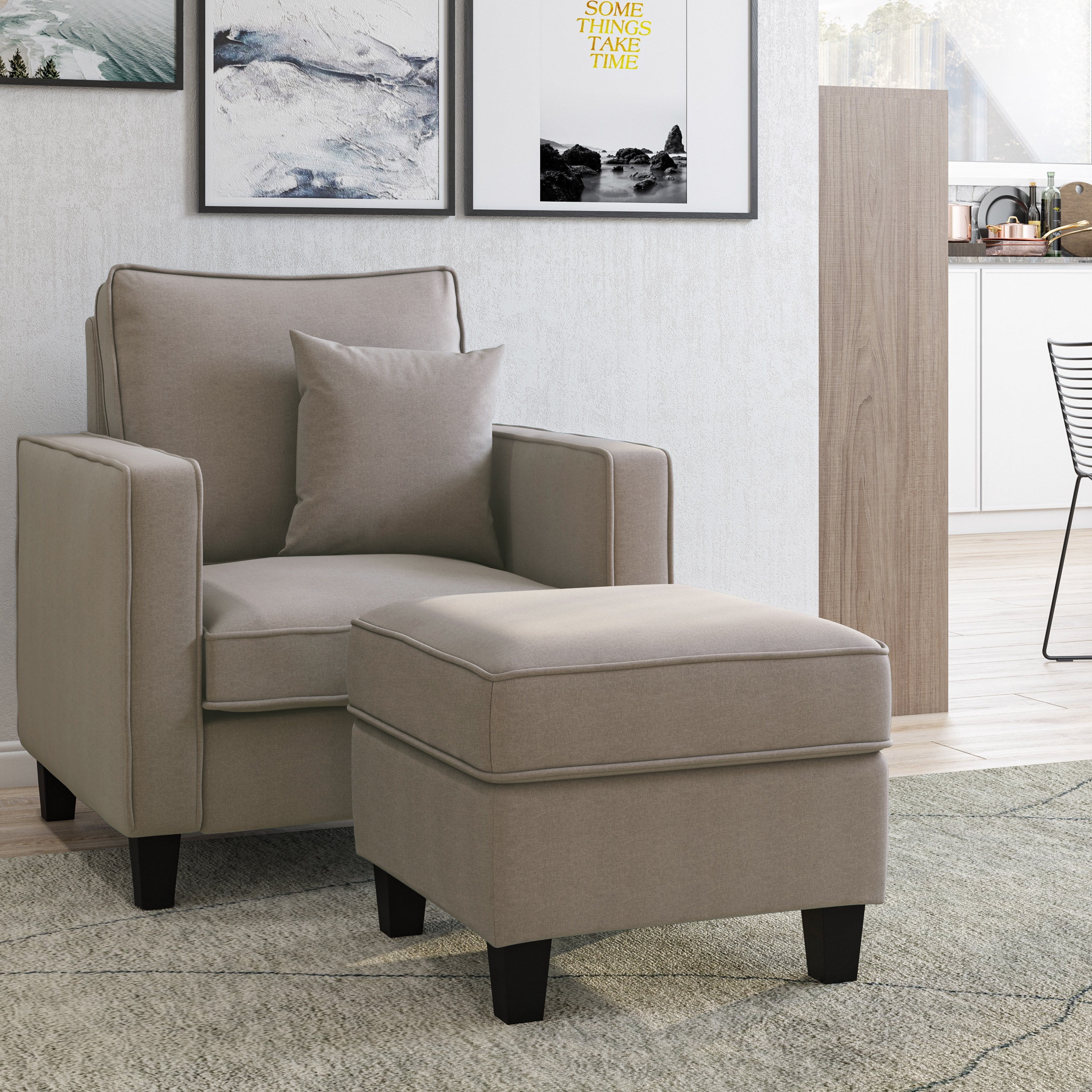 Pouf carré CorLiving Georgia en polyester aspect lin avec pieds en bois, taupe