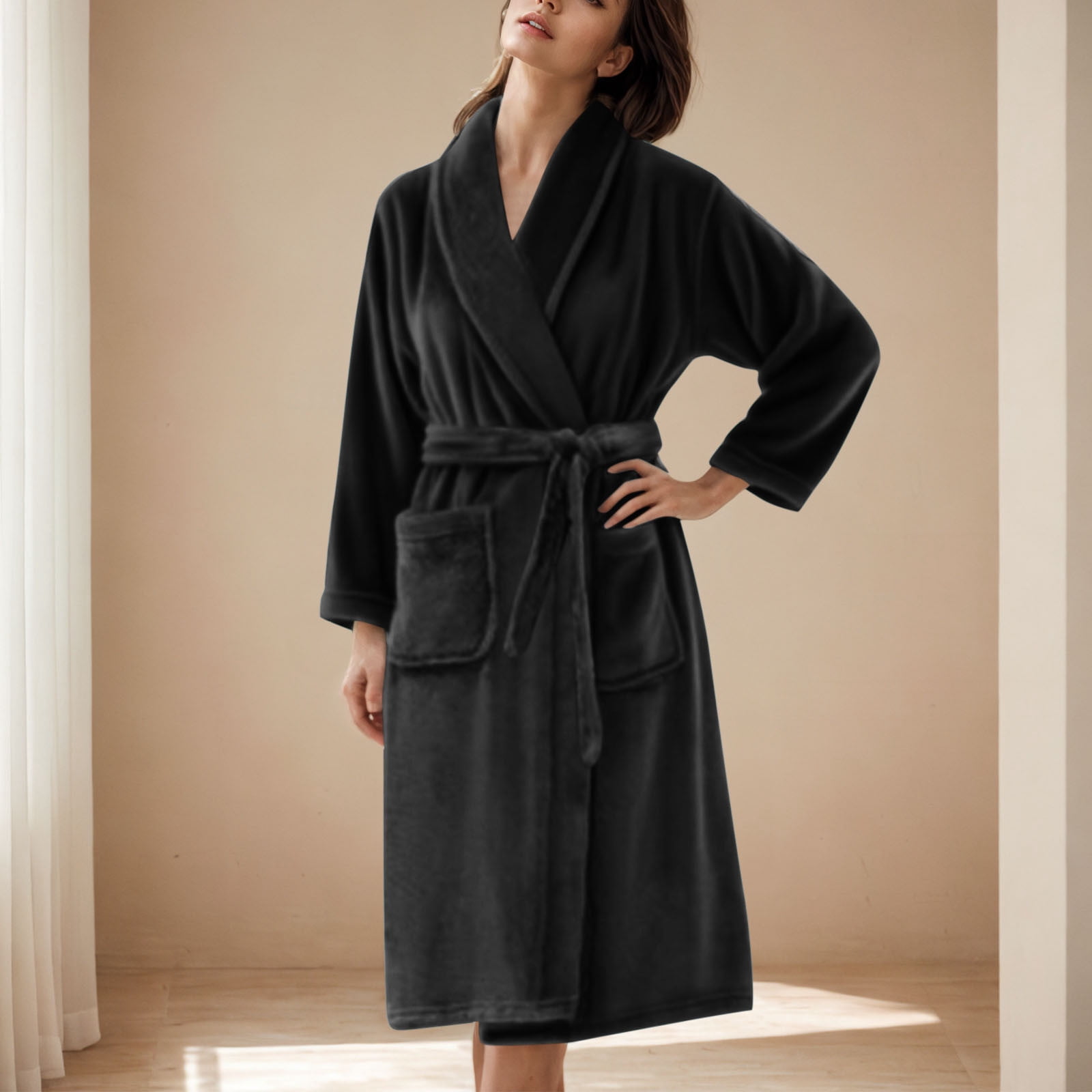 Soki Premium Womens Plush Soft Robe Fluffy, Warm, Fleece Sherpa Shaggy Bathrobe Black 3XL