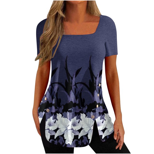Birdeem Fashion Womens Casual Printed Square Neck Short Sleeve Buttons Tops Loose Blouses