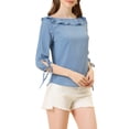 thumbnail image 4 of INSPIRE CHIC Women's Ruffled Neck Half Sleeve Sheer Summer Polka Dots Blouse Tops S Dusty Blue, 4 of 6