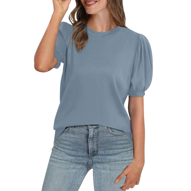 Dealovy Hauts Habillés Décontractés pour Femmes T-Shirts à Col Rond Manches Courtes Bouffantes Chemises Décontractées T-Shirts Basiques