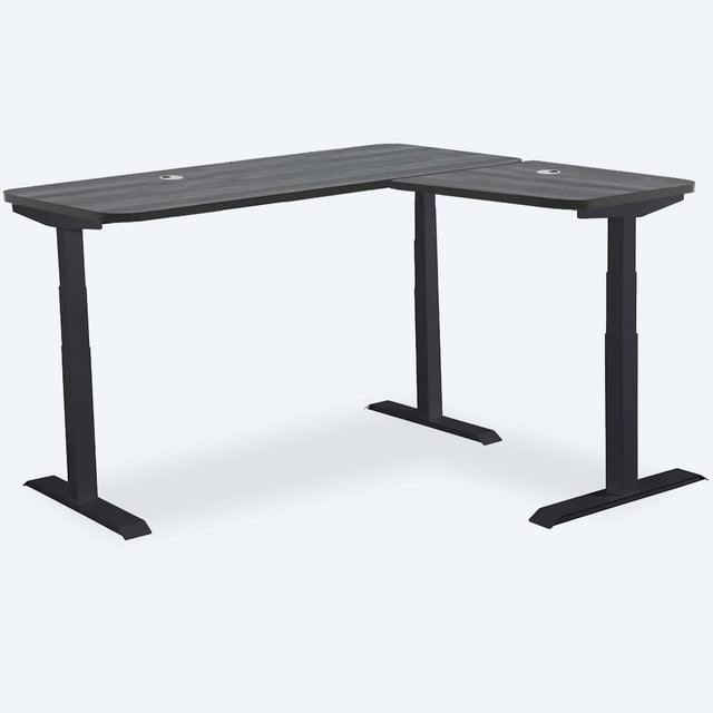 MotionGrey L Shape - Triple Motors Standing Desk with Memory Settings - 71" x 65" Black Oak Top Black Frame - Adjustable Sit-Stand Computer Table for Home, Office & Gaming